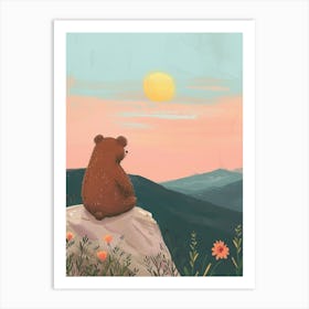 Brown Bear Looking At A Sunset From A Mountaintop Storybook Illustration 3 Art Print