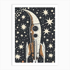 Retro Rocket Adventure: Vintage Space Art in Starry Skies Poster