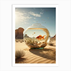 Giant Fishbowl In A Windswept Desert Elephant Sized Goldfish Gracefully Swimming Cacti With Subtle Art Print