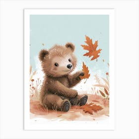 Sloth Bear Cub Playing With A Fallen Leaf Storybook Illustration 1 Art Print