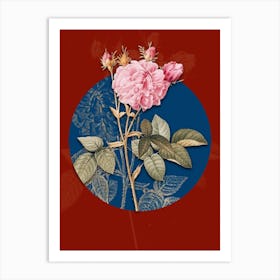 Vintage Botanical Pink Agatha Rose on Circle Blue on Red n.0290 Art Print