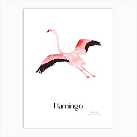 Flamingo. Long, thin legs. Pink or bright red color. Black feathers on the tips of its wings.6 Art Print