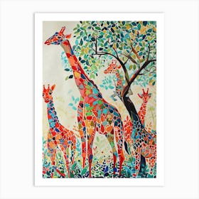 Cute Giraffe Herd Under The Trees Illustration 7 Art Print