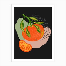 Poster with texture tangerine on a branch with leaves and abstract color spots Art Print