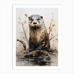 Otter, Japanese Brush Painting, Ukiyo E, Minimal 1 Art Print