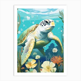 Modern Illustration Of Sea Turtle & Flowers 1 Art Print