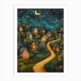 Village At Night With Stars and Moon In The Sky 2 Art Print