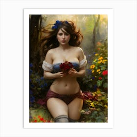 Fairytale Girl princess nymph in forest painting flowers woods Art Print
