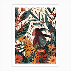 Girl With Leopard In The Jungle 1 Art Print