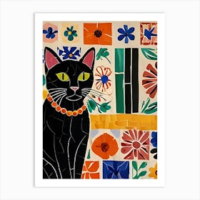 Black Cat With Flowers Art Print