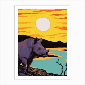 Linework Illustration With Rhino By The Sunset 1 Art Print