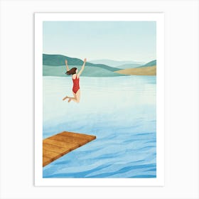 Woman Jumping Off A Dock Art Print