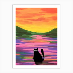 Cute Cat In Colourful Lake Painting Art Print