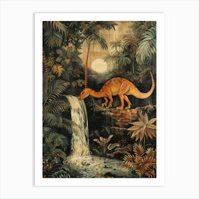 Dinosaur By A Waterfall Painting 4 Art Print