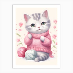 Kawaii Cat Drawings Knitting 4 Art Print