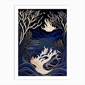 Water And Fire Elements Combined Waterscape Linocut 1 Art Print