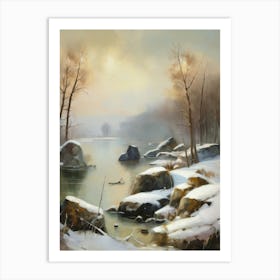 Ancient landscapes, old winter oil paintings and rocks around the lake bank. Snow is falling on the lake, old colors.15 1 Art Print