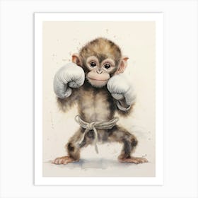 Monkey Painting Boxing Watercolour 1 Art Print