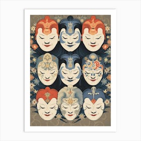 Noh Masks Japanese Style Illustration 21 Art Print