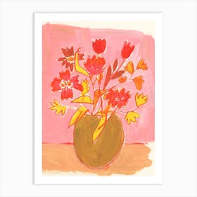 Vase Of Flowers Against A Pink Background Art Print