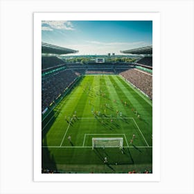 A Dynamic Aerial View Of A World Championship Soccer Match Showcasing Powerful Team Play On The Pri Art Print