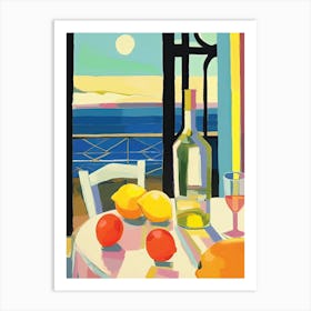 Painting Of A Lemons And Wine, Frenchch Riviera View, Checkered Cloth, Matisse Style 6 Art Print