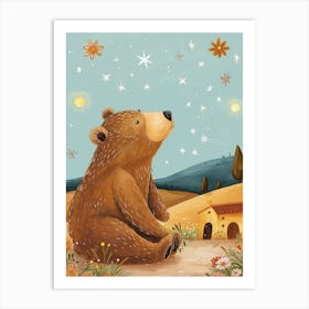 Brown Bear Looking At A Starry Sky Storybook Illustration 1 Art Print