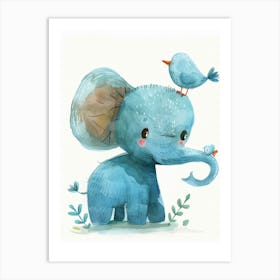 Small Joyful Elephant With A Bird On Its Head 7 Art Print