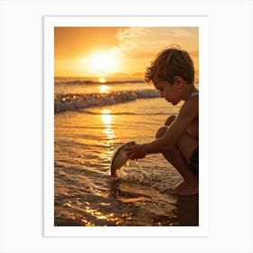 Boy Playing With A Fish At Sunset Art Print