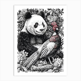 Giant Panda And A Blood Pheasant Ink Illustration 2 Art Print