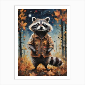 Cottagecore Rocket Raccoon in Autumn Forest - Acrylic Paint Fall Raccoon in Shirt with Falling Leaves at Night, Perfect for Witchcore Cottage Core Pagan Tarot Celestial Zodiac Gallery Feature Wall Beautiful Woodland Creatures Series HD Art Print