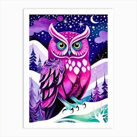 Pink Owl Snowy Landscape Painting (161) Art Print