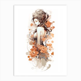 Abstract Watercolor Inks Asian Woman With Flowers Art Print