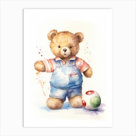 Bowling Teddy Bear Painting Watercolour 3 Art Print