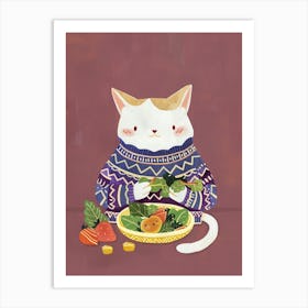 White Tan Cat Eating Salad Folk Illustration 3 Art Print