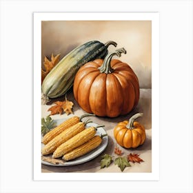 Holiday Illustration With Pumpkins, Corn, And Vegetables (30) Art Print