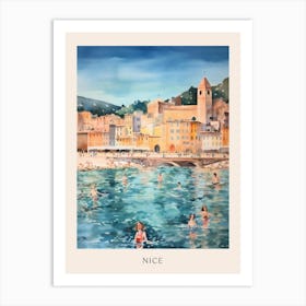 Swimming In Nice France Watercolour Poster Art Print