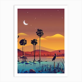 Sunset Landscape With Palm Trees Beautiful Nature Art Print