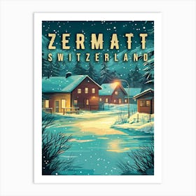 Vintage Zermatt, Switzerland: Snowy Alps at Night Art Print