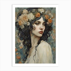 Girl With Flowers In Her Hair Klimt Style Art Print