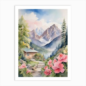 Watercolor Of A Mountain Cabin 1 Art Print