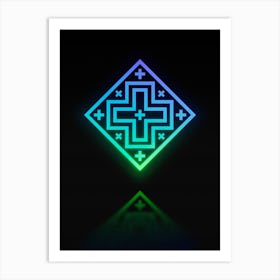 Neon Blue and Green Abstract Geometric Glyph on Black n.0067 Art Print