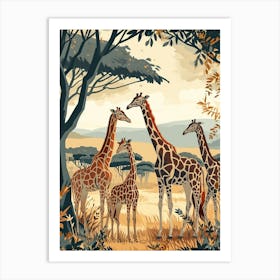 Herd Of Giraffes Resting Under The Tree Modern Illiustration 7 Art Print