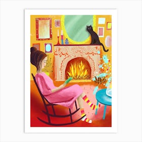 Reading In A Rocking Chair At The Fireplace Art Print