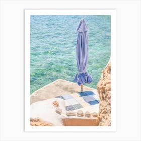 Milos, Greece I Private beach paradise on french riviera in clear blue waters of Mediterranean sea under the summer sun with parasol for minimalist composition of fine art photography pastel aesthetic Art Print