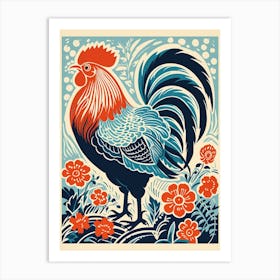 Vintage Bird Linocut Rooster 2 Art Print