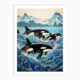 Blue Swirls Orca Whale Doodle Art Print