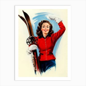 Happy Beautiful Woman Greeting Us With Ski Gear Art Print