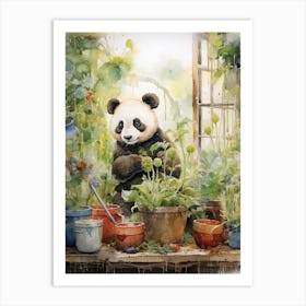 Panda Art Gardening Watercolour 2 Art Print