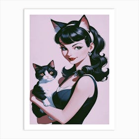 Pinup Girl With Cat Art Print